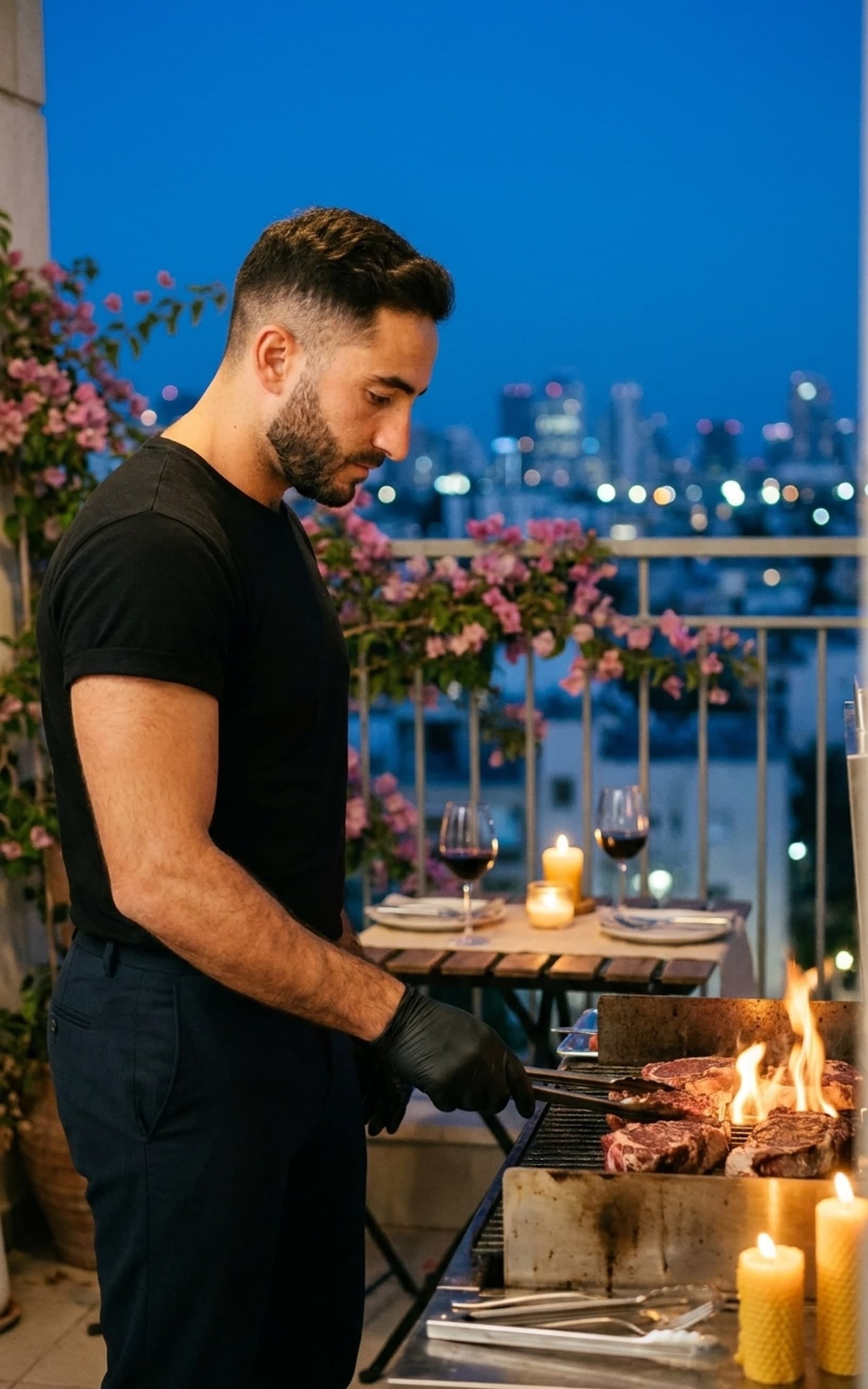 grilling on a bougainvillea balcony