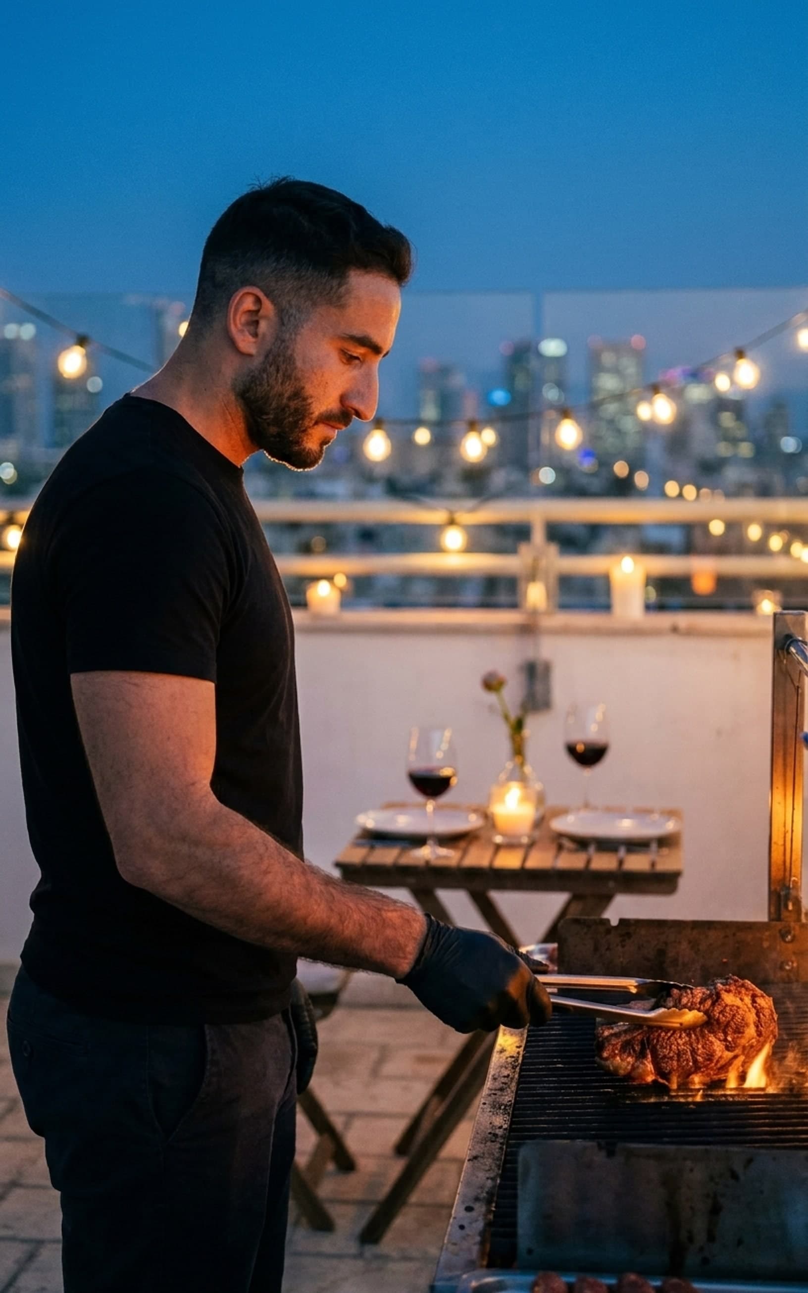 Raphael grilling over open fire at blue hour for an intimate dinner for two