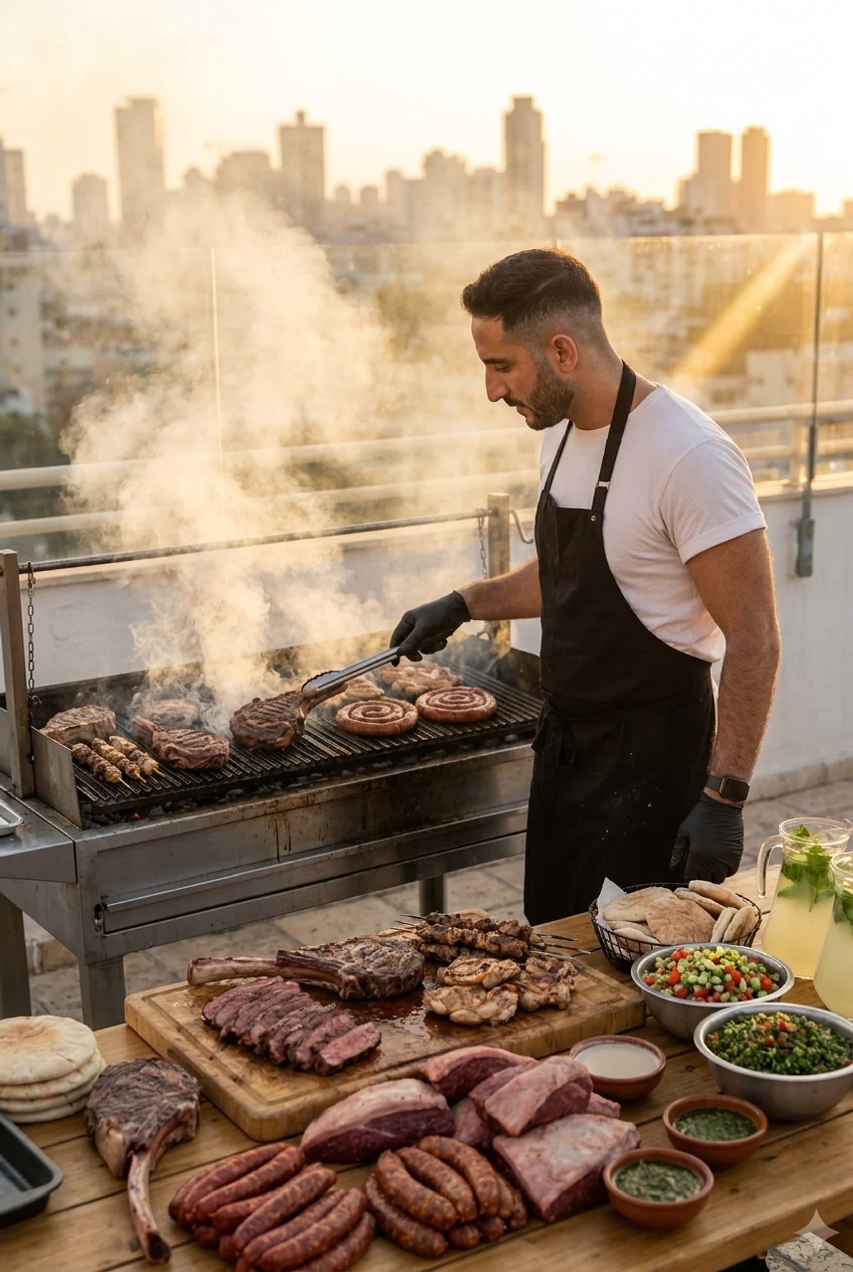 Raphael at the grill as smoke rises, searing premium cuts at a Tel Aviv rooftop event